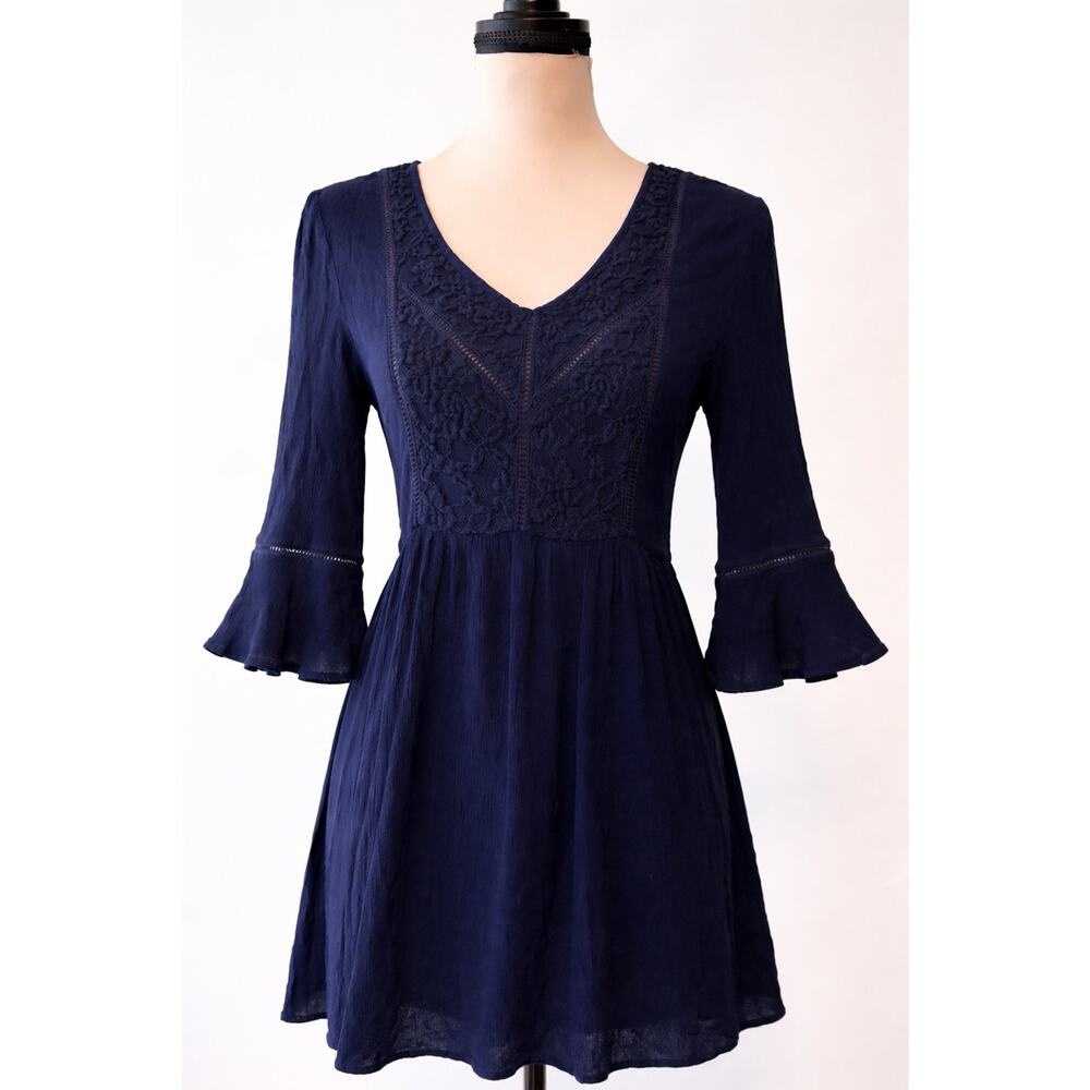 Y2K Babydoll Womens Mini Dress XS Gauzy Lace Floral Bell Sleeve Dark Fairy